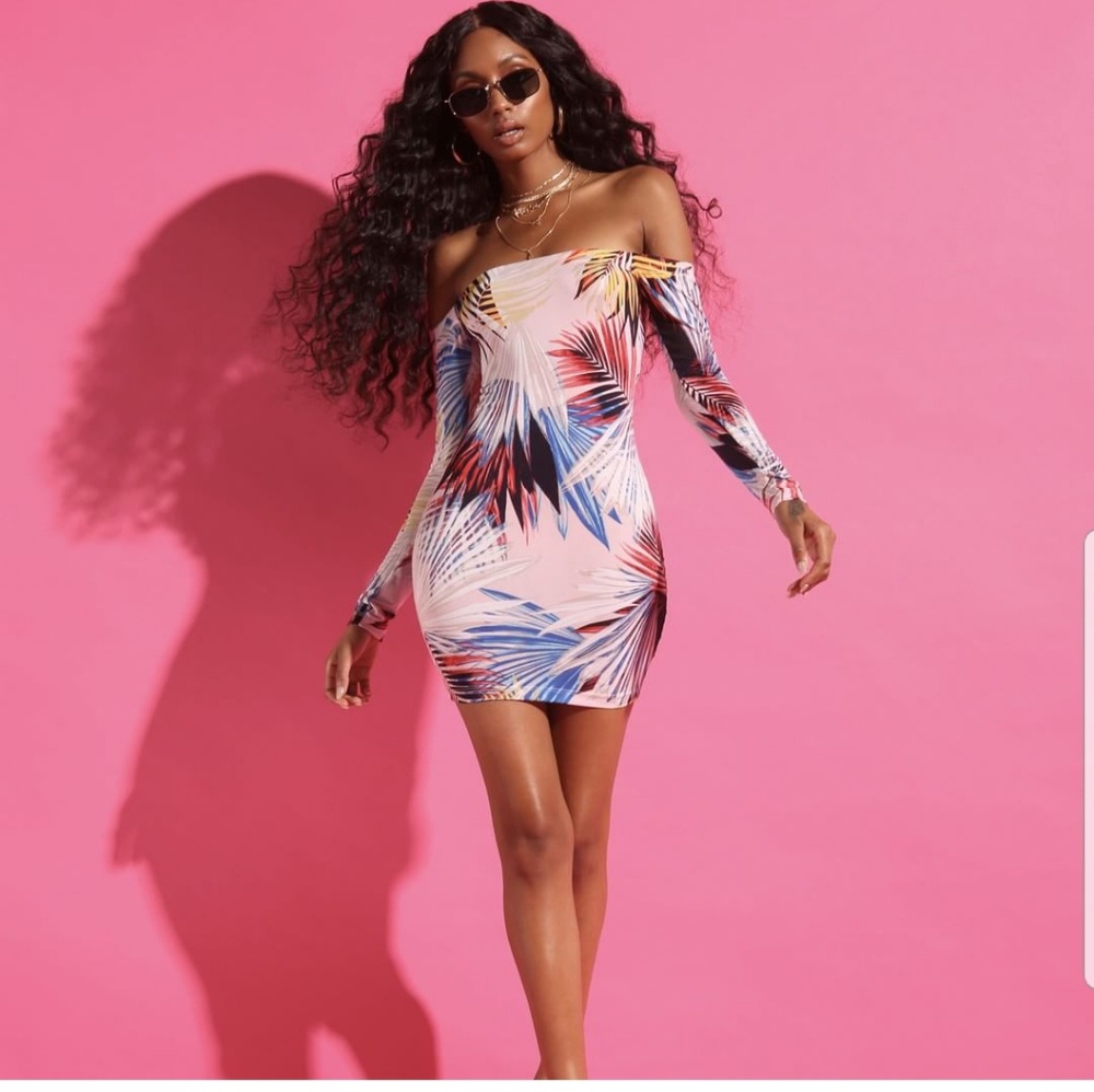 Palm print bodycon off the shoulder dress
